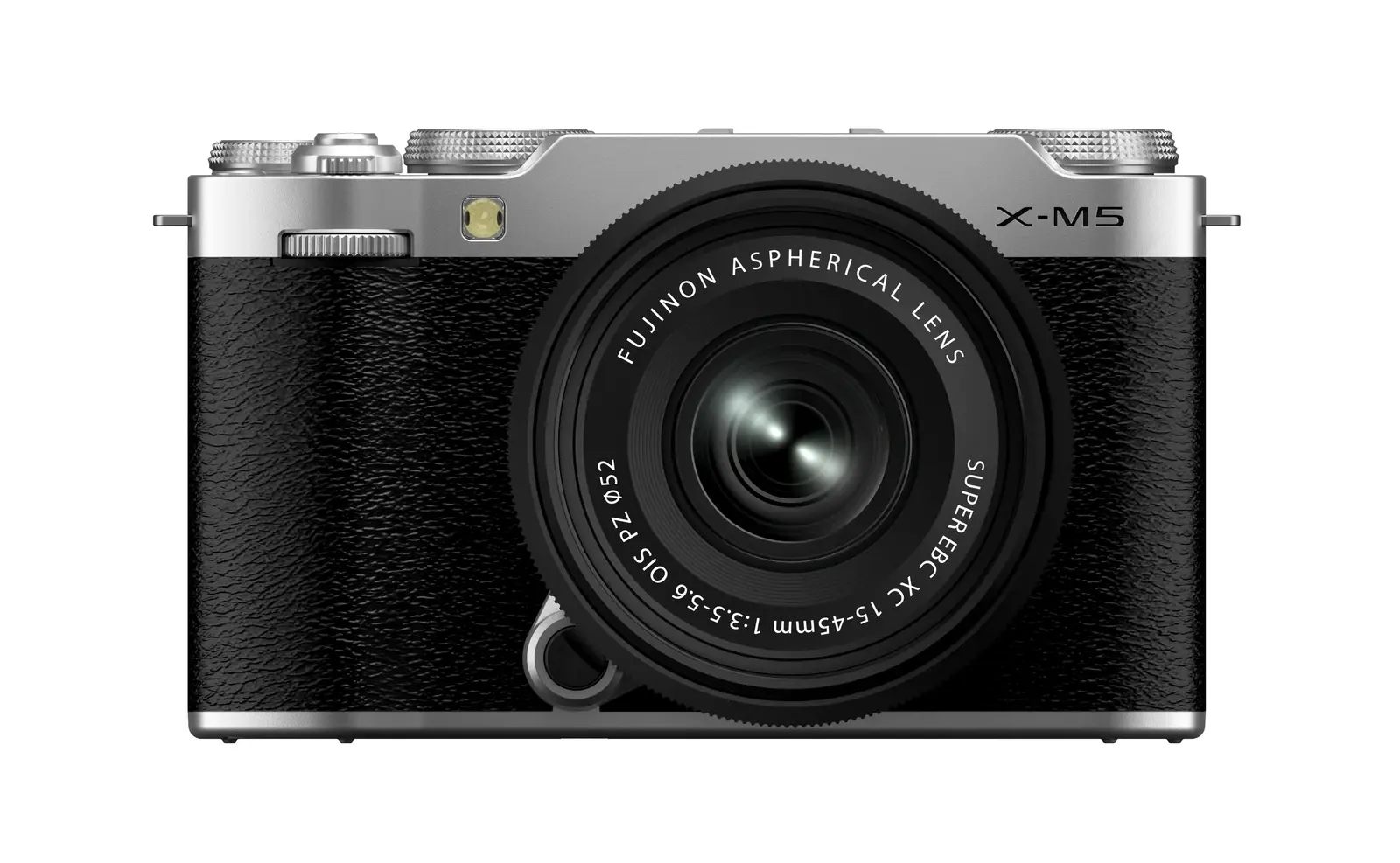 Η ασημί Fujifilm X-M5 σε επίσημη μετωπική λήψη προϊόντος