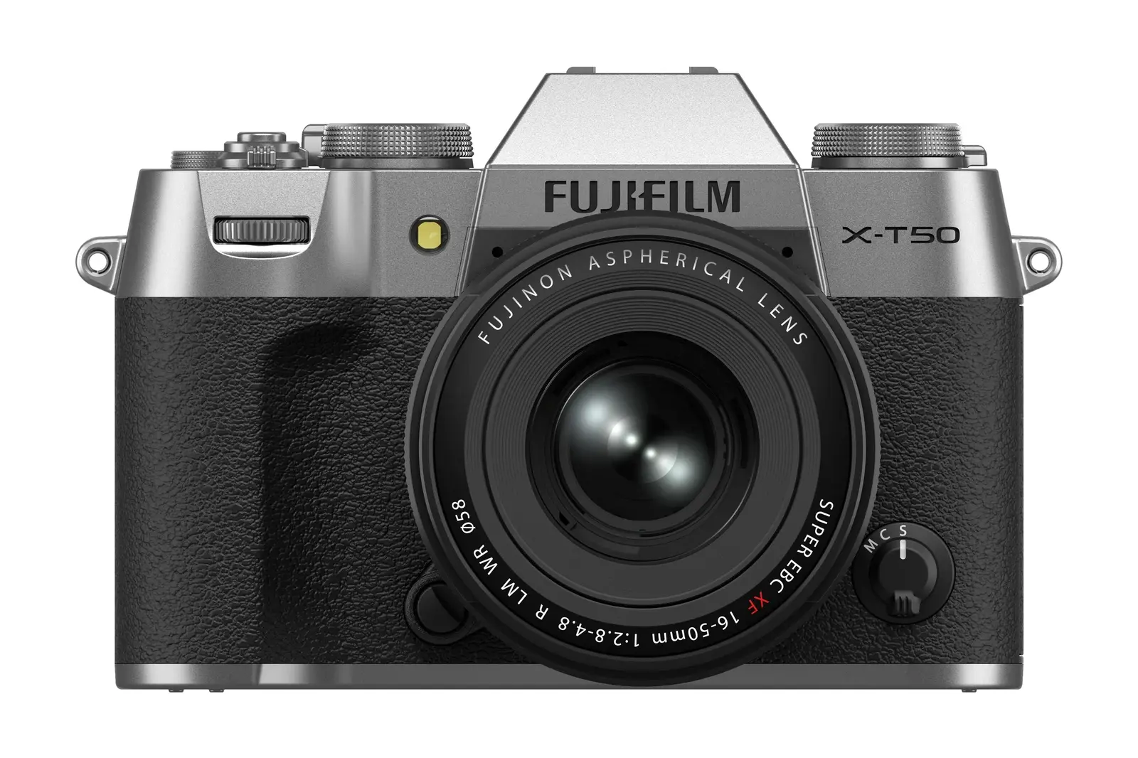 Η ασημί Fujifilm X-T50 σε επίσημη μετωπική λήψη προϊόντος