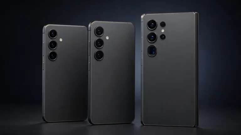 Πρωτότυπη απεικόνιση τριών ανώνυμων premium smartphones με διαφορετικά συστήματα κάμερας
