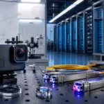 Πρωτότυπη απεικόνιση action camera δίπλα σε οπτικό πομποδέκτη κέντρου δεδομένων
