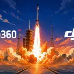 Τα επίσημα λογότυπα Insta360 και DJI δίπλα σε καρτουνίστικη εκτόξευση πυραύλου, χωρίς κάμερες ή βάσεις