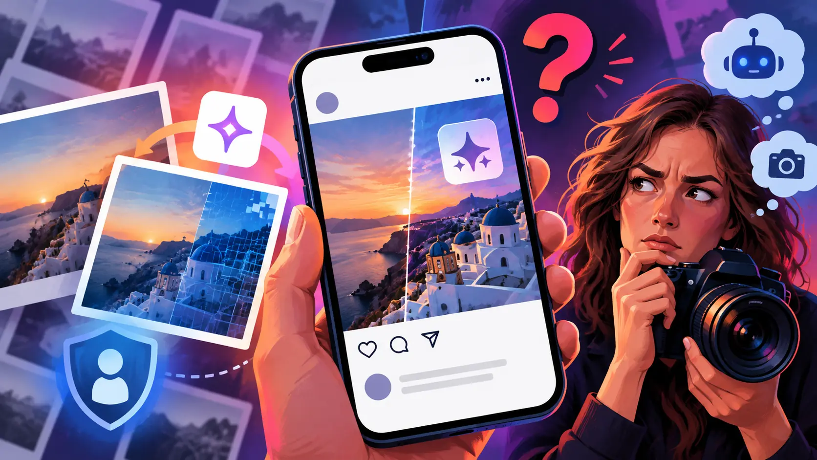 Σήμανση AI Content στο Instagram και πραγματική φωτογραφία σε smartphone