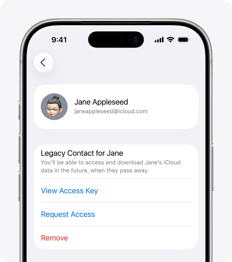 Οθόνη iPhone με τις επιλογές View Access Key και Request Access για Legacy Contact