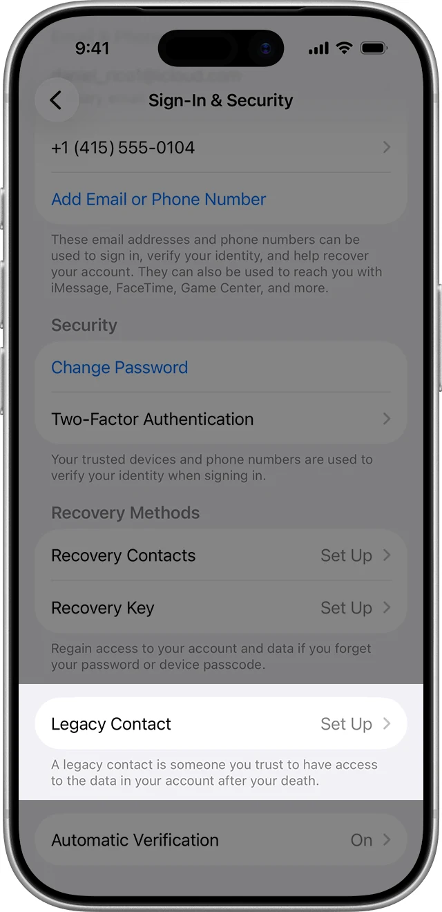 Οθόνη iPhone στις ρυθμίσεις Σύνδεση και ασφάλεια με επιλεγμένη την επιλογή Legacy Contact