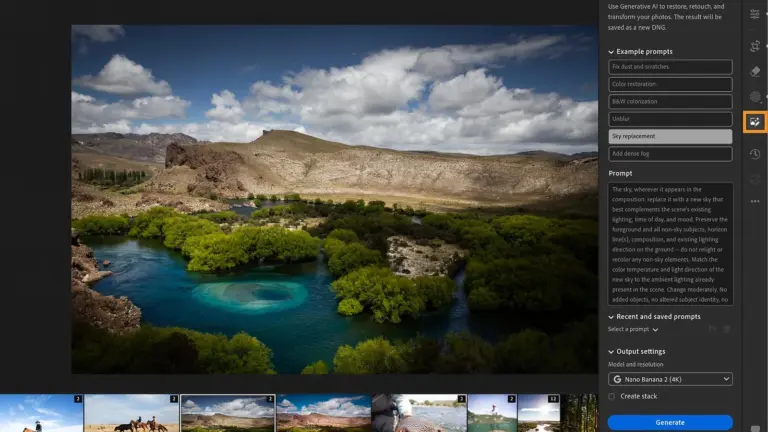 Το Adobe Lightroom 9.6 με ανοιχτό το panel Prompt to Edit και επιλογή Nano Banana 2 4K
