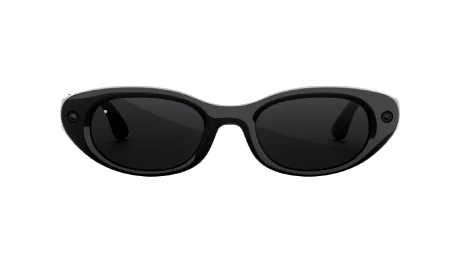Slim black oval Meta glasses with a camera and capture LED in the frame corners