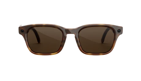 Brown tortoiseshell Meta glasses with a camera and front capture LED