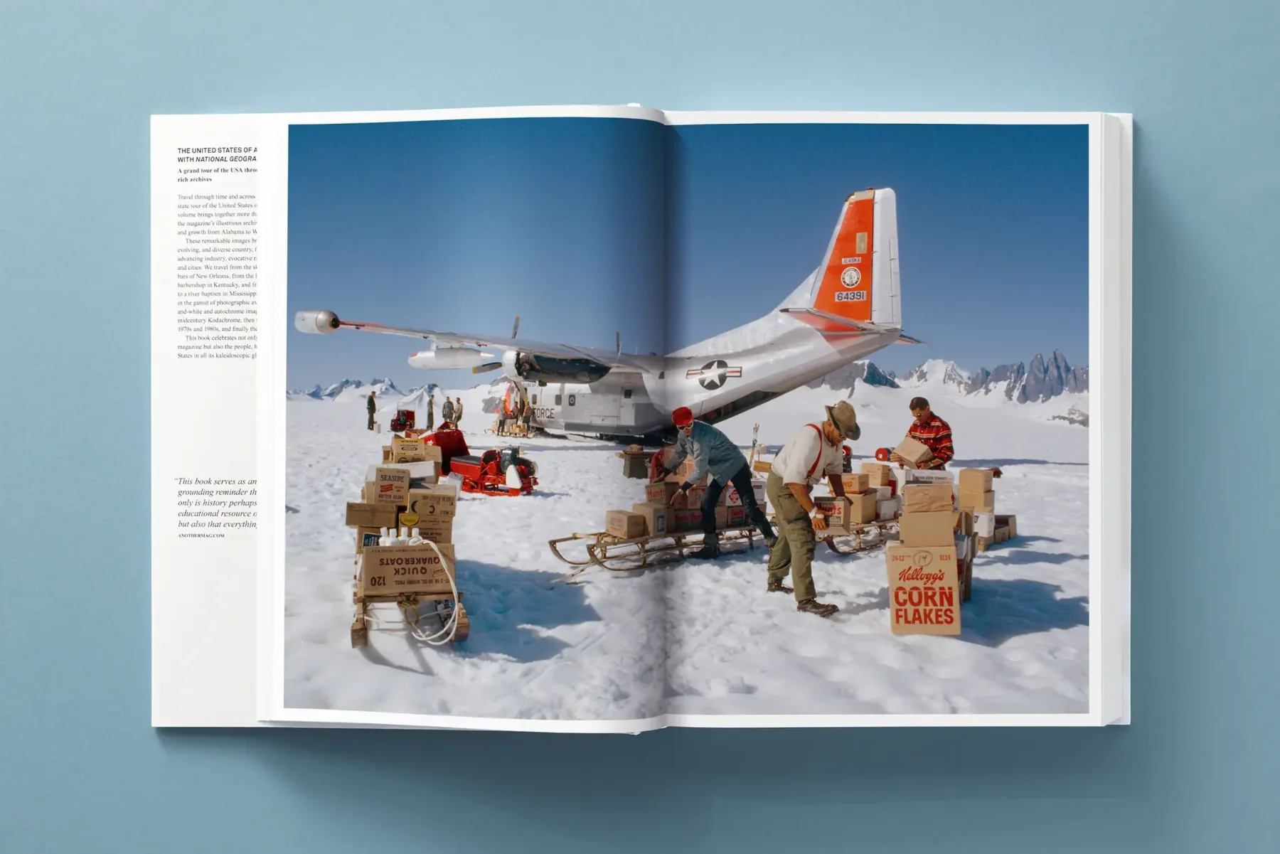 Open spread from the book featuring an aircraft and supplies in a snowy landscape