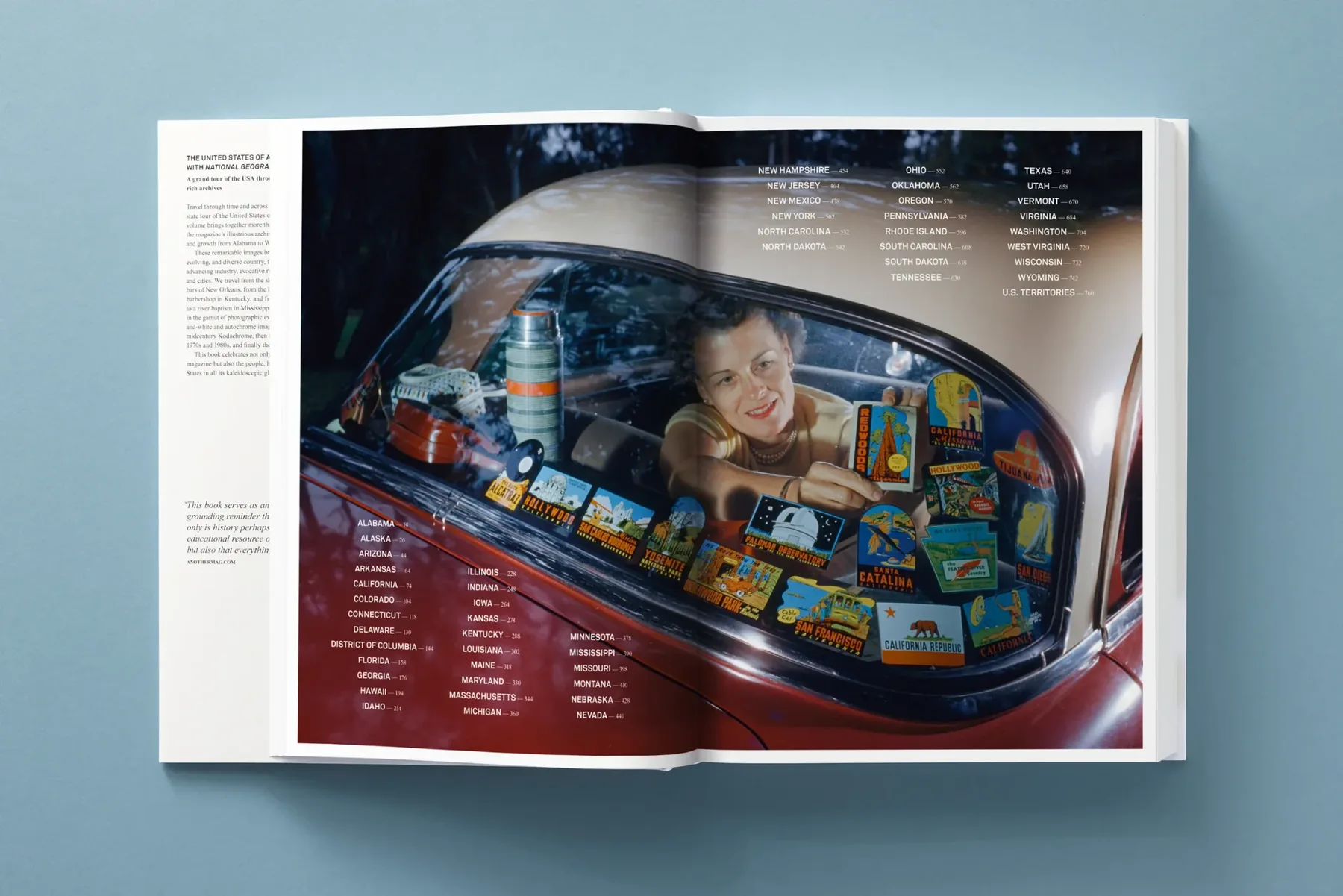 Book spread featuring a woman in a car and a state index