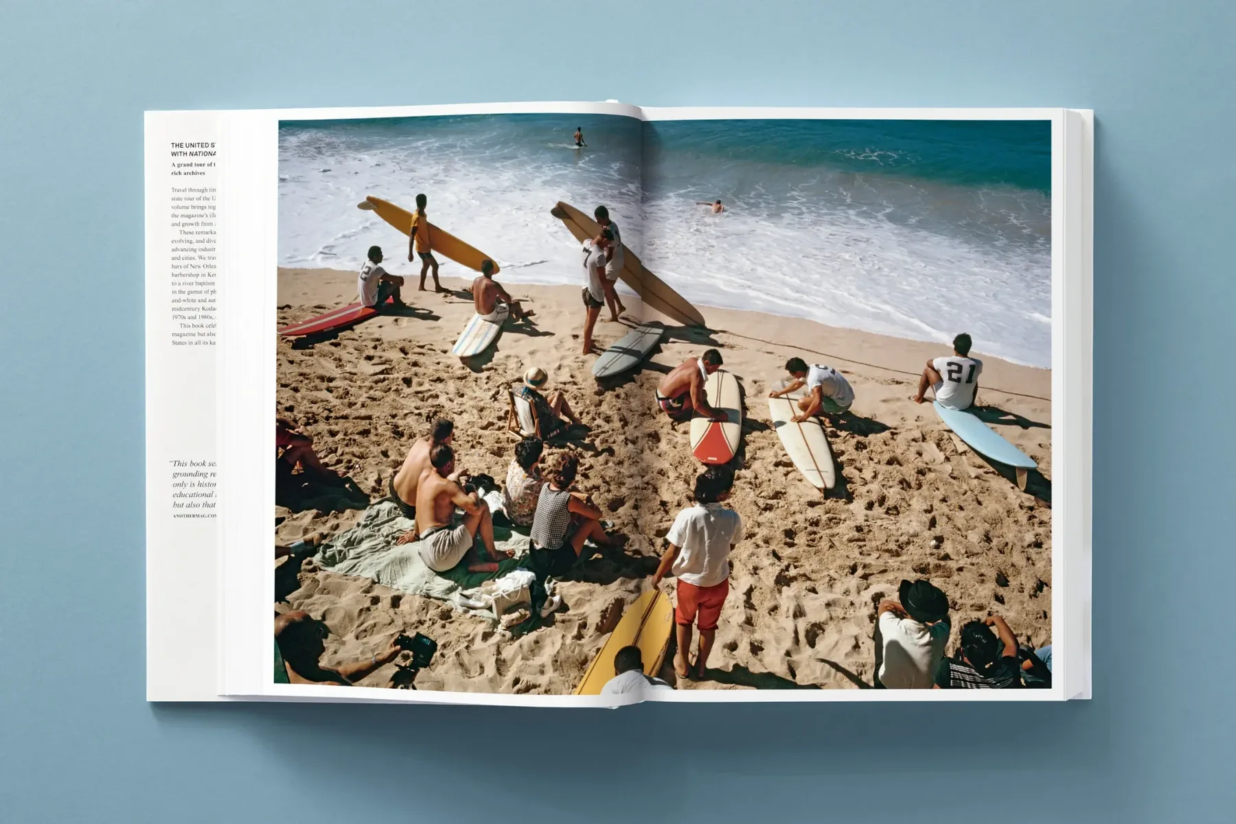 Open spread from the book featuring a beach scene and surfers