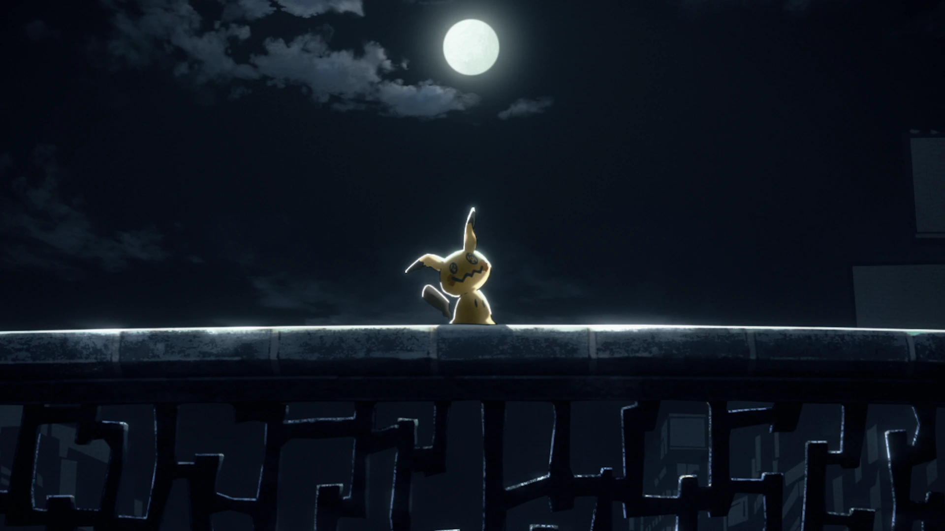 Το Mimikyu στέκεται σε ταράτσα κάτω από την πανσέληνο στο Pokémon Wild Card