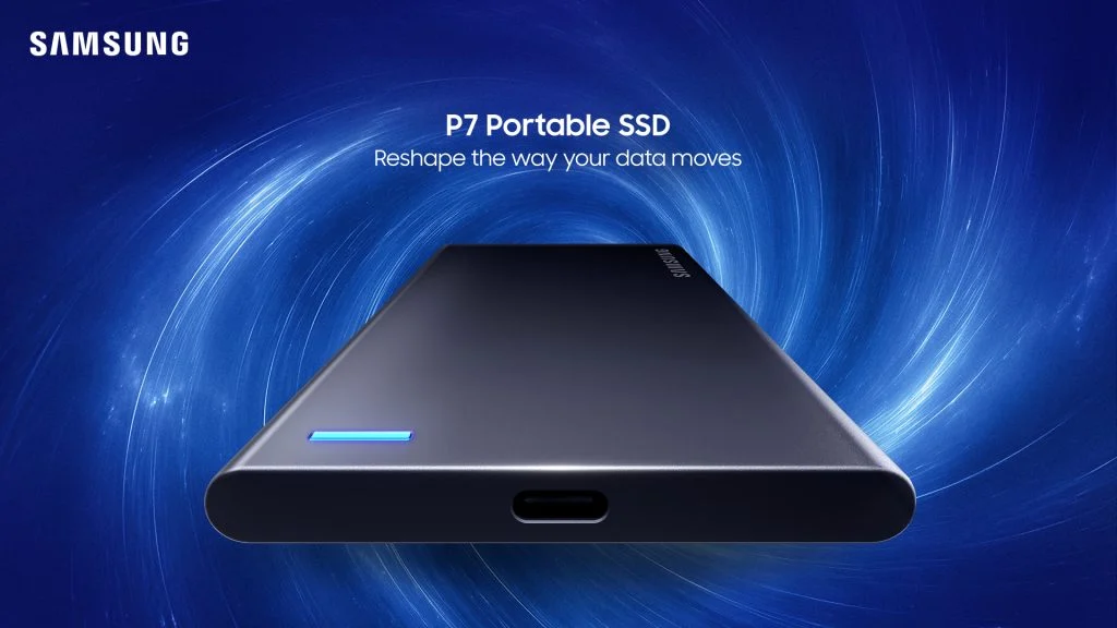 Το Samsung P7 Portable SSD με θύρα USB-C και μπλε λυχνία