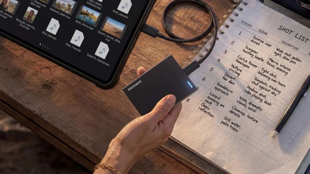 Το Samsung P9 συνδεδεμένο με tablet δίπλα σε shot list παραγωγής
