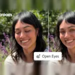 Σύγκριση Lightroom Open Eyes πριν και μετά: γυναίκα με κλειστά μάτια αριστερά και ανοιχτά δεξιά