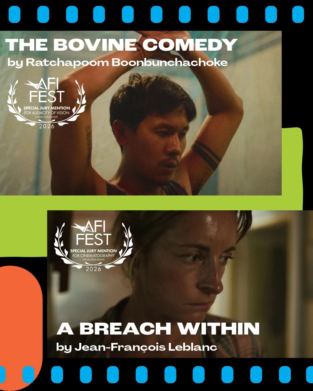 Επίσημη κάρτα AFI FEST με τις ταινίες The Bovine Comedy και A Breach Within