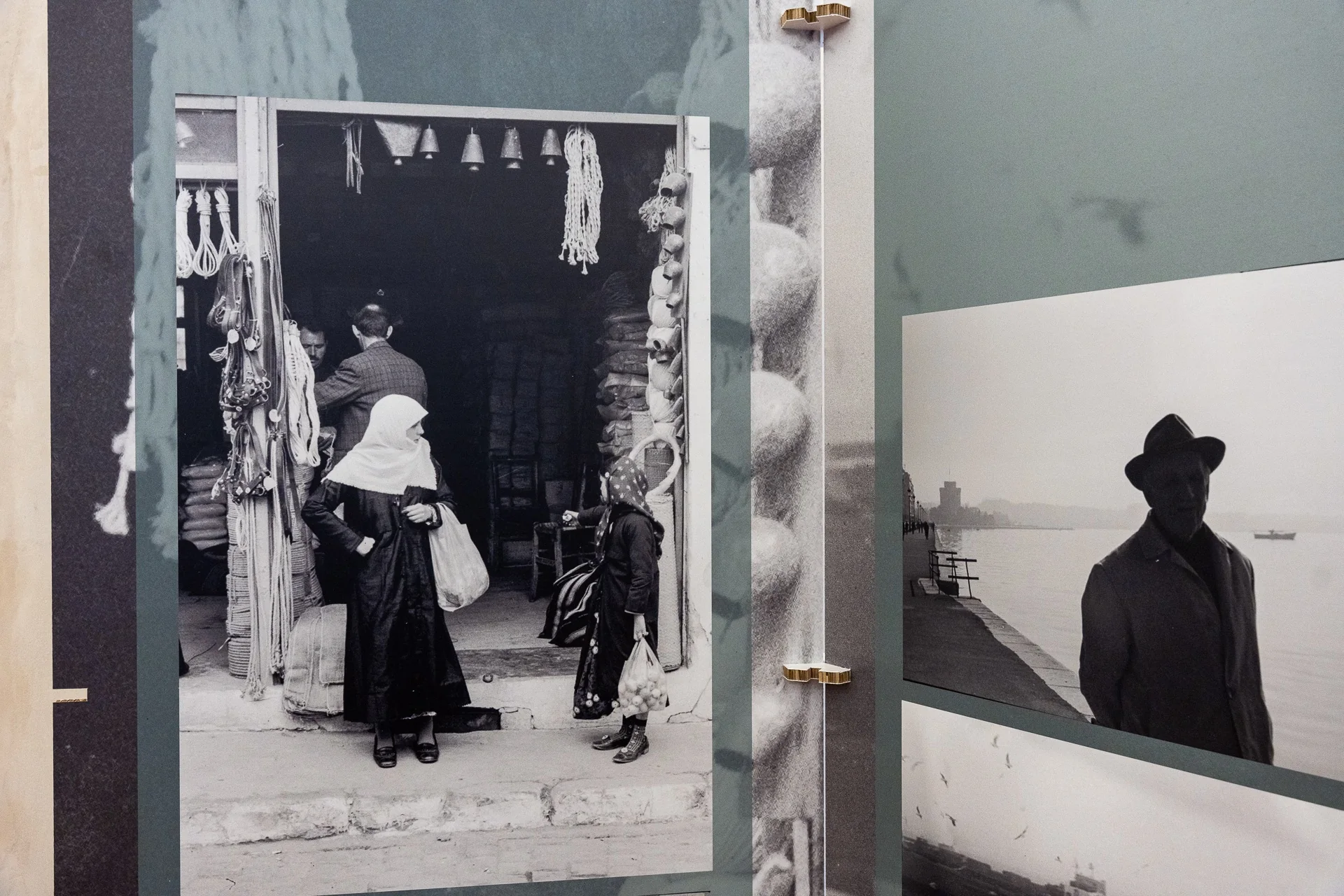 Black-and-white photographs of Thessaloniki displayed on exhibition panels