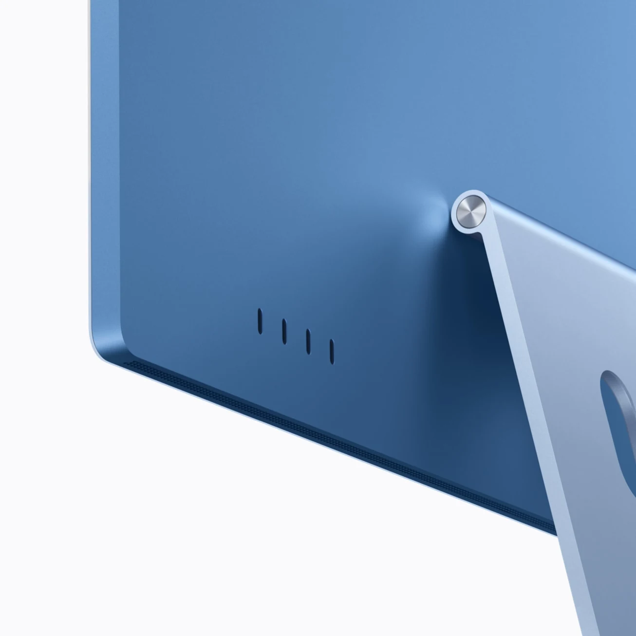 Λεπτομέρεια της πίσω πλευράς μπλε iMac M6 με τις θύρες σύνδεσης και τη βάση