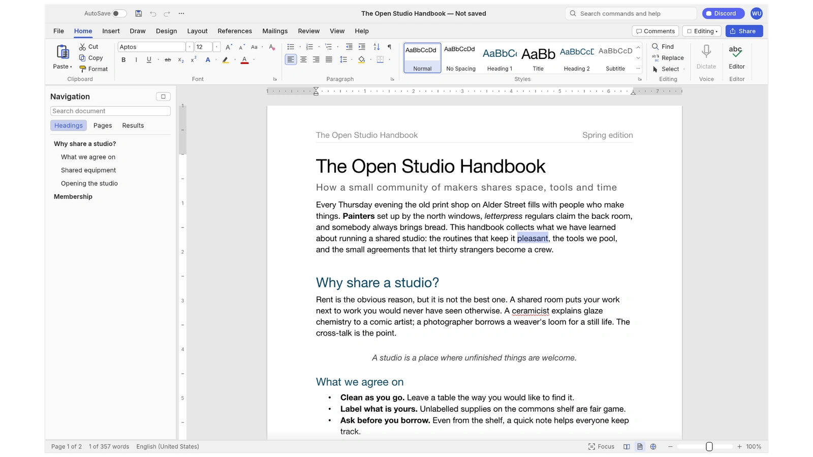 WordCraft document editor with formatting tools and a navigation pane