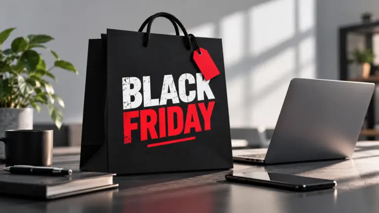 Μαύρη τσάντα αγορών με επιγραφή BLACK FRIDAY σε γραφείο