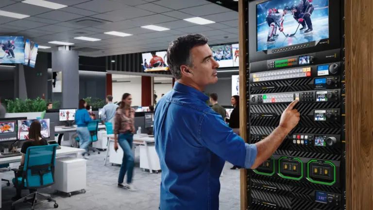 Επαγγελματίας χειρίζεται rack με Blackmagic Design εξοπλισμό σε περιβάλλον broadcast παραγωγής