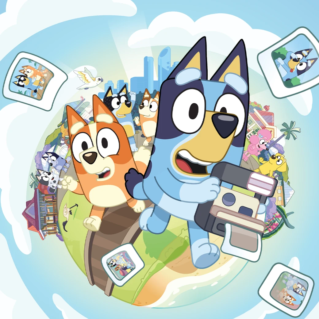 Η Bluey και η Bingo με κάμερα σε επίσημη εικονογράφηση του παιχνιδιού