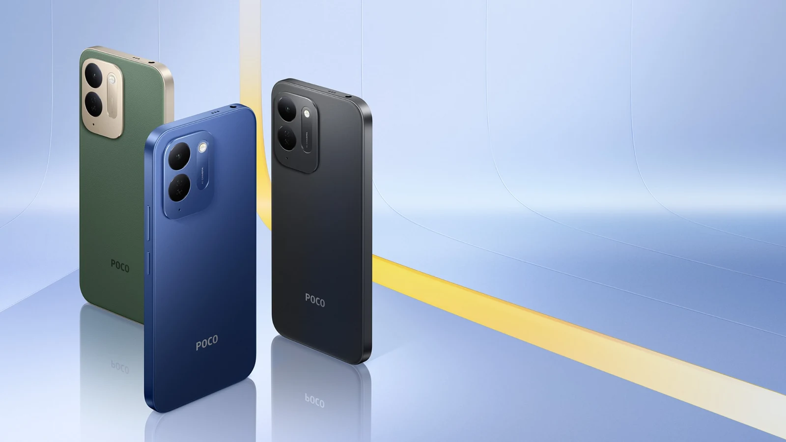 Three POCO C95 Pro phones in green, blue and black