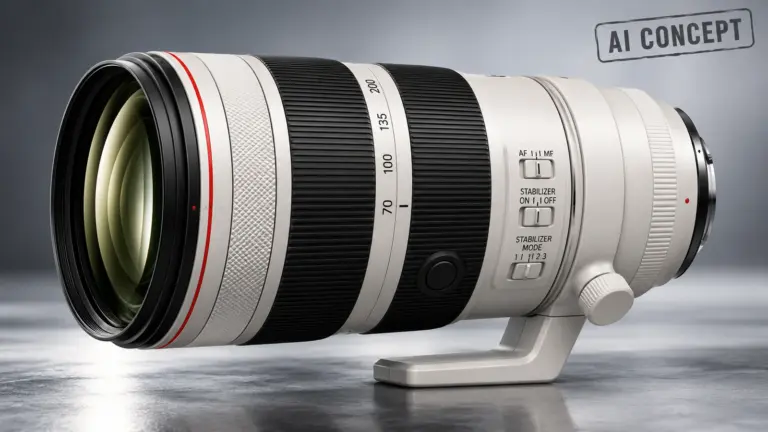 AI απεικόνιση υποθετικού λευκού τηλεφακού Canon RF 70-200mm f/2 με σήμανση AI CONCEPT