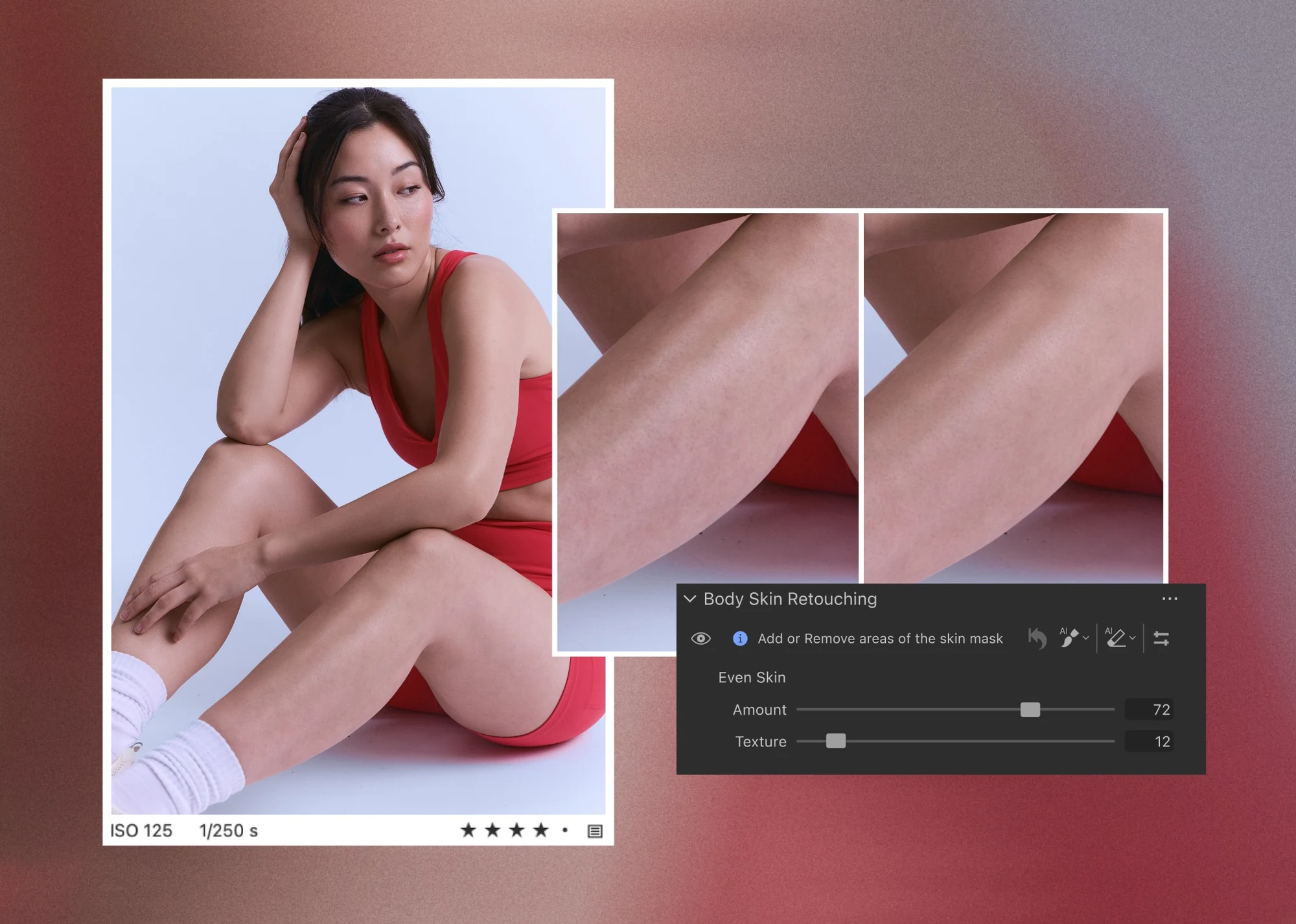 Σύγκριση πριν και μετά με Body Skin Retouching στο Capture One 16.9