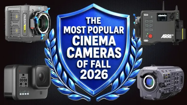 Γραφικό με τις κινηματογραφικές κάμερες ARRI ALEXA, Sony FX9 και GoPro γύρω από τον τίτλο Most Popular Cinema Cameras of Fall 2026