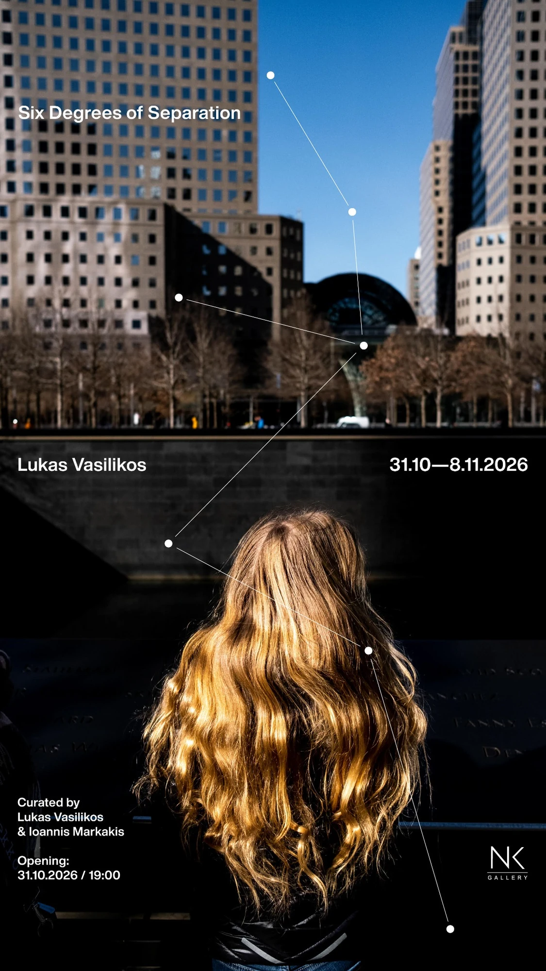 Exhibition poster featuring a cityscape and a woman with blond hair