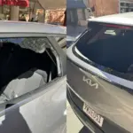 Σύνθεση δύο φωτογραφιών με σπασμένο πλαϊνό και πίσω τζάμι στο αυτοκίνητο του David Martin