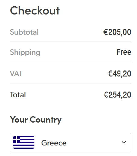 Στιγμιότυπο checkout με χώρα την Ελλάδα: καθαρή αξία 205 €, ΦΠΑ 49,20 € και τελικό ποσό 254,20 €.
