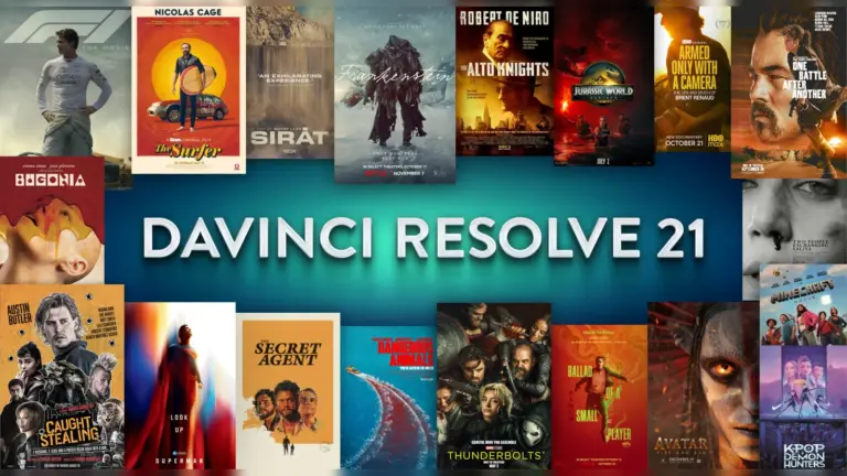 Επίσημο εικαστικό του DaVinci Resolve 21 με κινηματογραφικές αφίσες γύρω από τον τίτλο