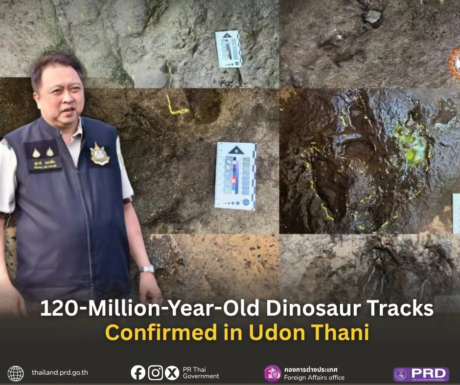 Official graphic showing photographs of the dinosaur footprints in Udon Thani