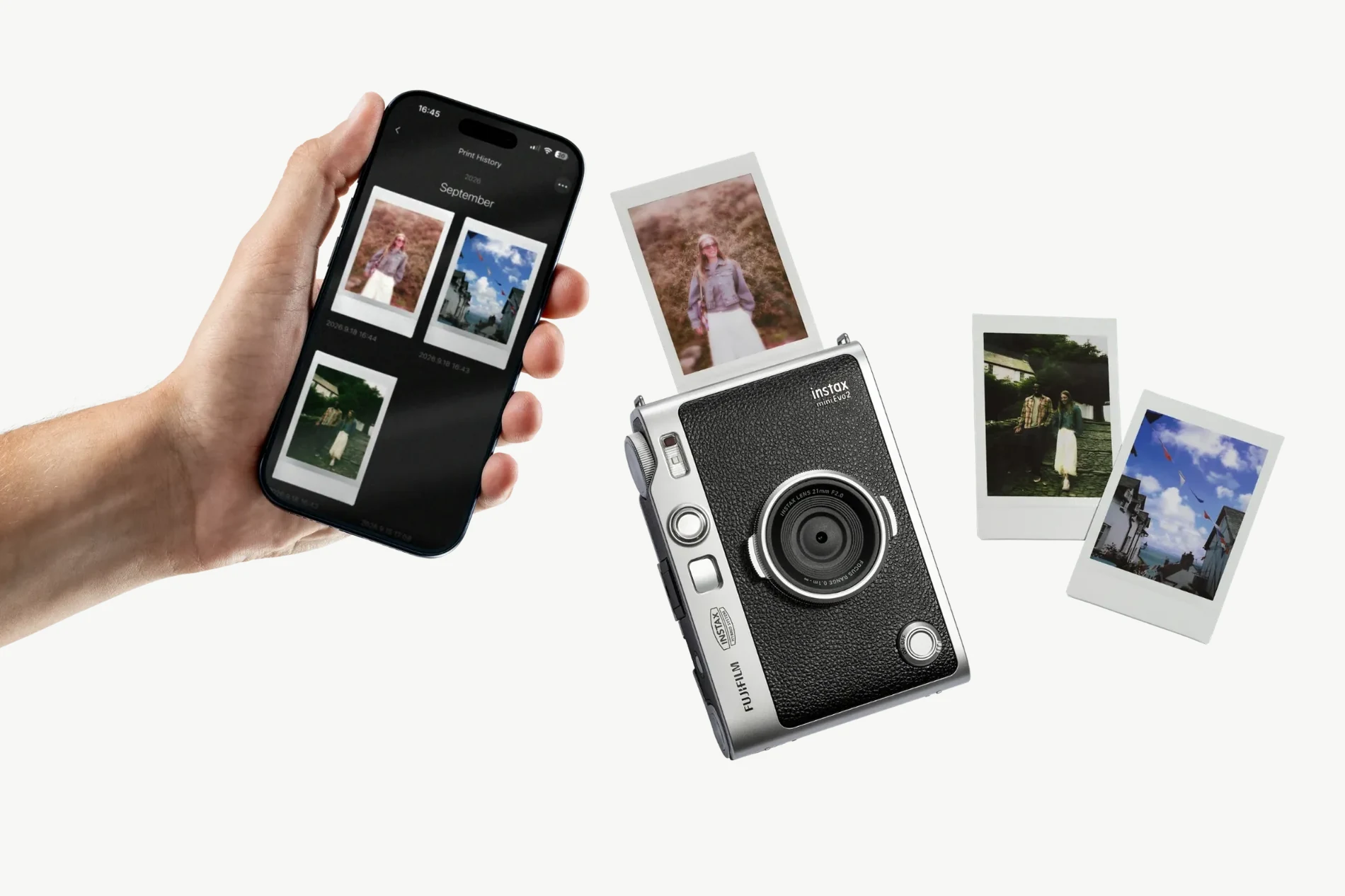Fujifilm instax mini Evo 2 με εφαρμογή κινητού και εκτυπωμένες φωτογραφίες