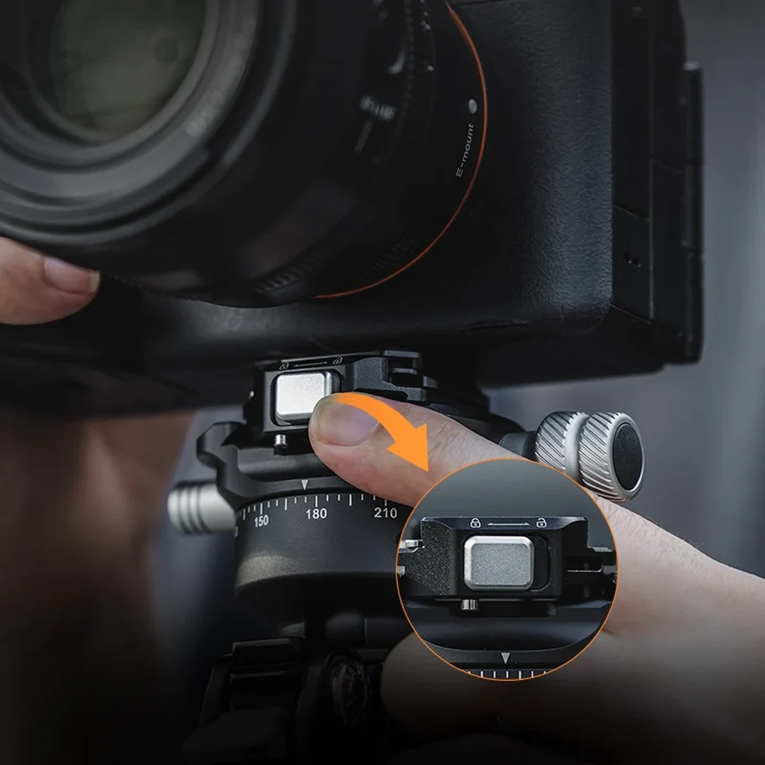 Close-up of the release button and safety lock on FALCAM F38
