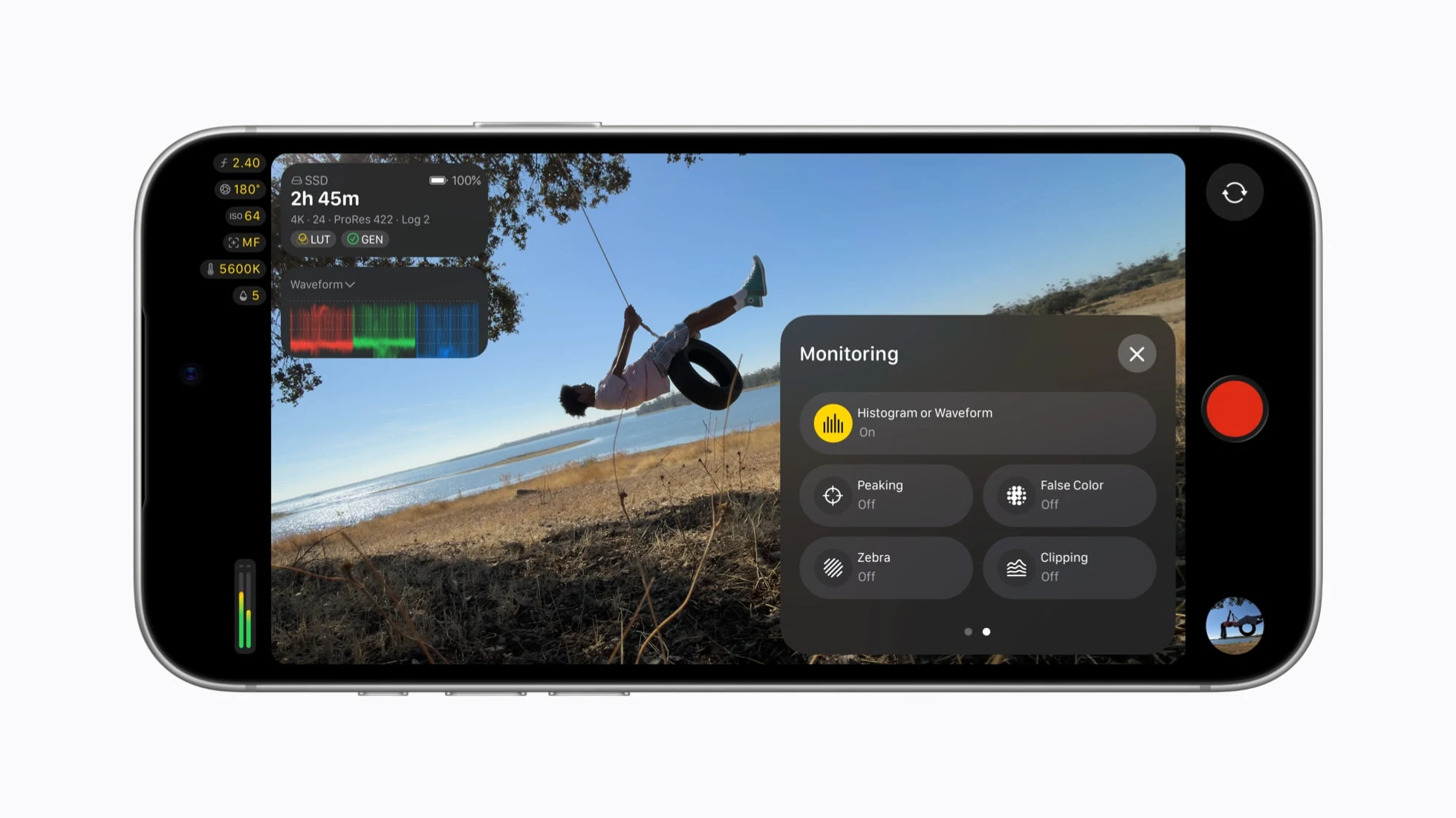 Final Cut Camera with professional monitoring tools and video scopes on iPhone
