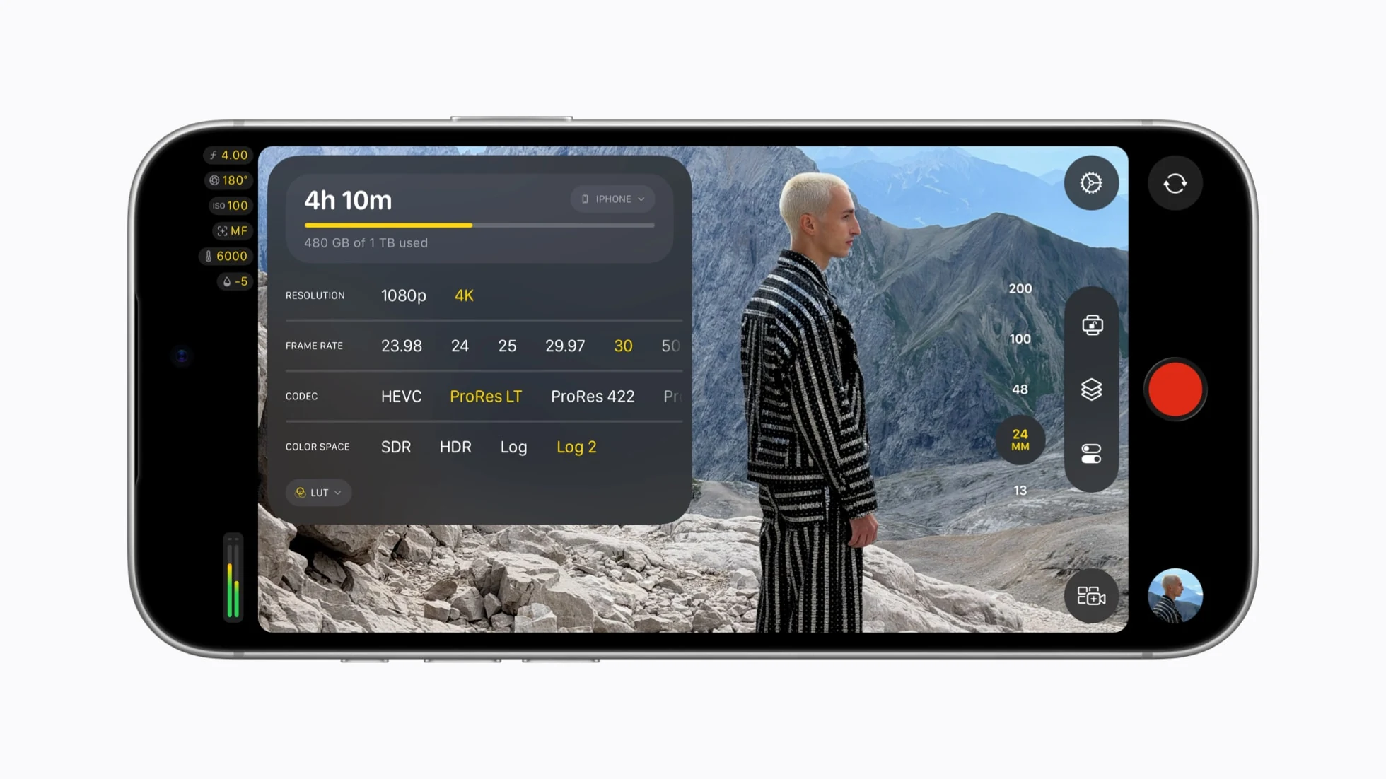 Final Cut Camera format settings showing ProRes LT, ProRes 422, and Log 2