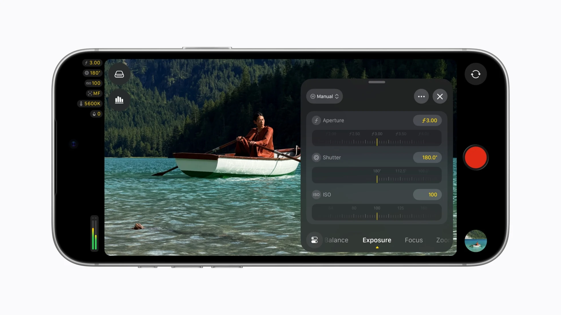 Final Cut Camera 2.4 showing manual aperture, shutter, and ISO controls on iPhone 18 Pro