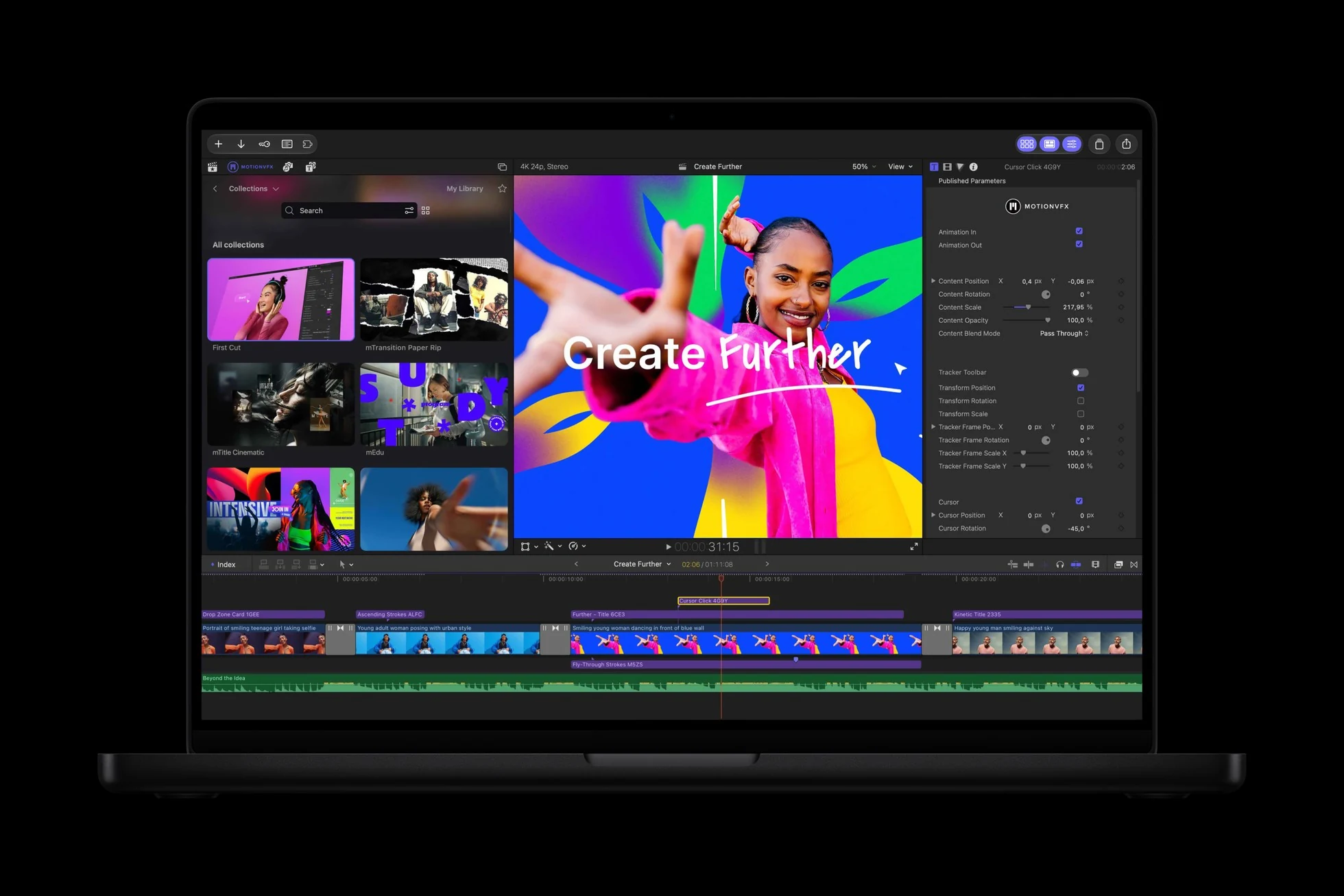 Final Cut Pro showing MotionVFX browser, graphics and title customization