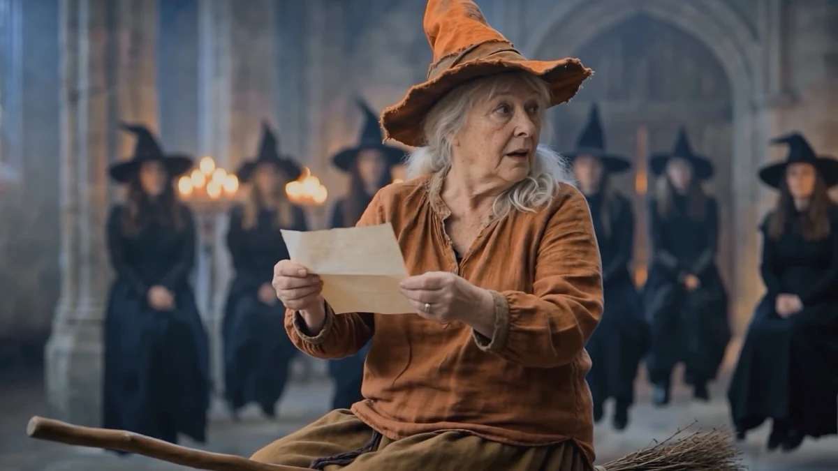 An elder witch reads a letter while sitting on a broom.