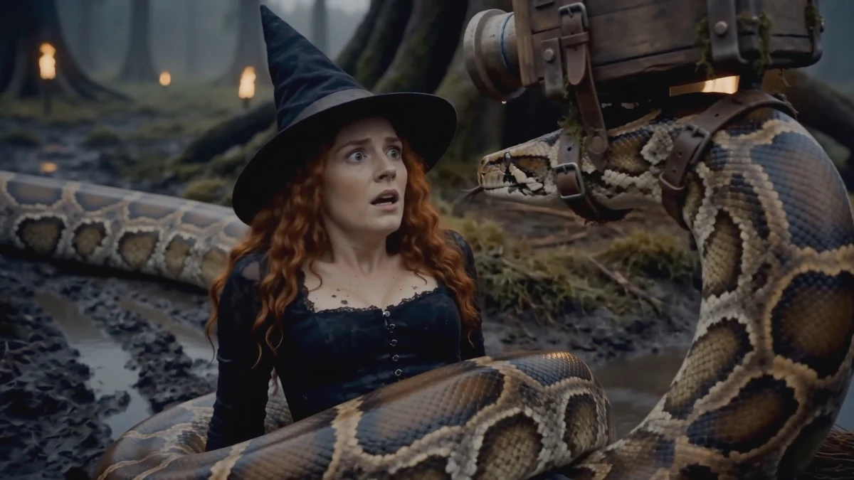A witch faces an enormous serpent in the film.