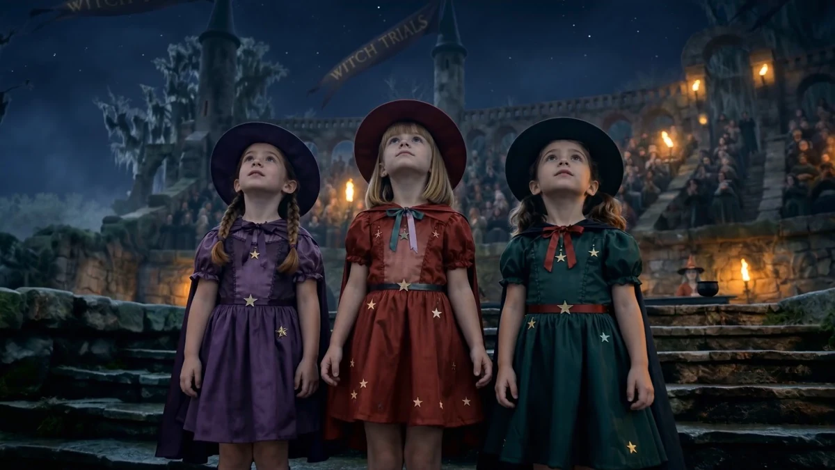 Three young witches in a castle courtyard.