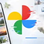 Λογότυπο Google Photos με smartphone, φωτογραφίες και ψηφιακό glitch