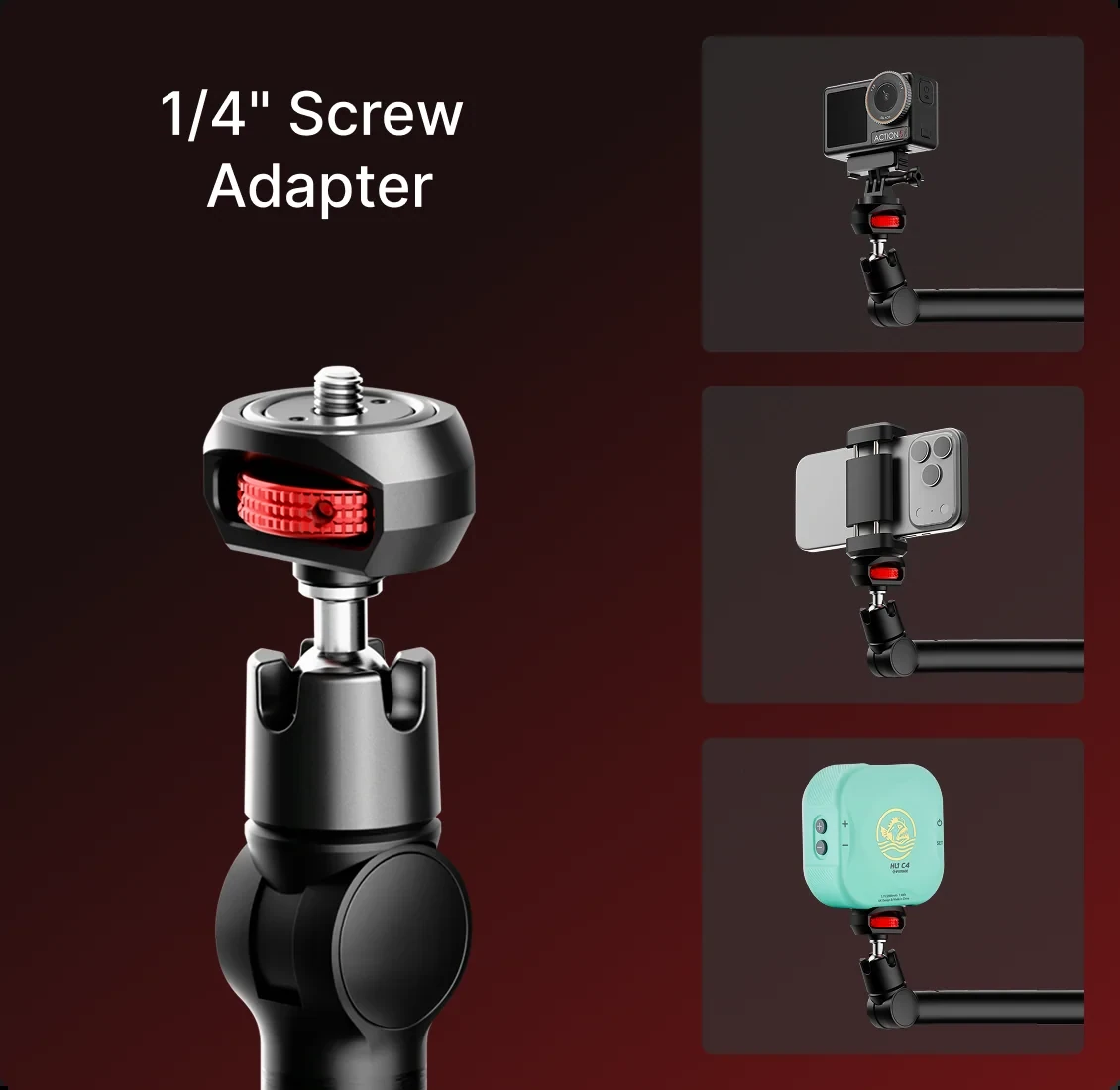 Quarter-inch threaded adapter with action camera and smartphone mounting examples