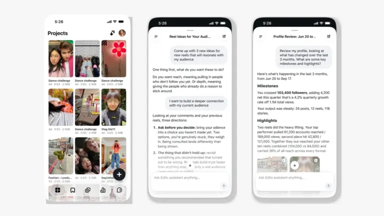 Τρεις οθόνες του Instagram Edits με Projects, Edits Assistant και ανάλυση απόδοσης λογαριασμού