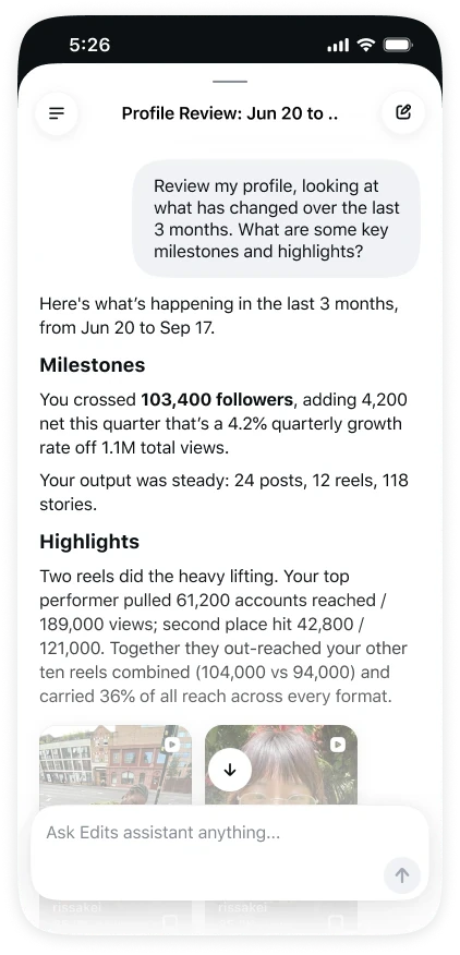 Παράδειγμα Profile Review στον Instagram Edits Assistant με ανάλυση followers, posts, Reels και views