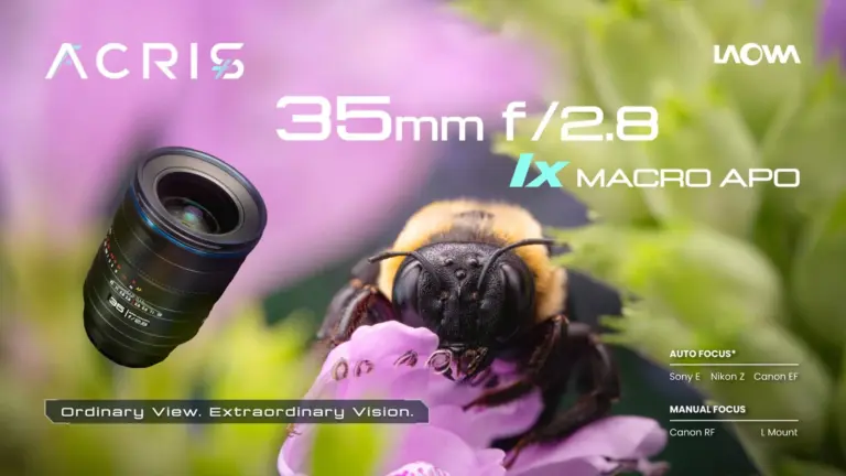 Ο Laowa ACRIS 35mm f/2.8 1X Macro APO δίπλα σε macro φωτογραφία μέλισσας