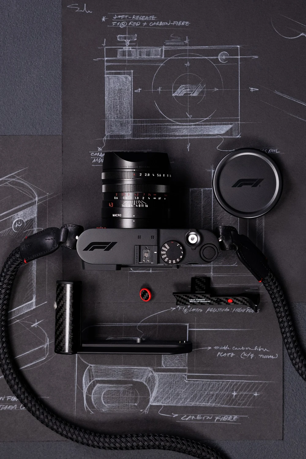 Leica Q3 43 Formula 1 Edition με ειδικά αξεσουάρ carbon fiber και σχεδιαστικά σκίτσα
