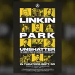 Επίσημη αφίσα του LINKIN PARK: UNSHATTER με τα μέλη της μπάντας σε μαύρο και κίτρινο σχεδιασμό